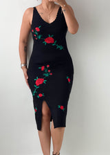 Size S-M Black Floral Embroidered Knit Midi Dress