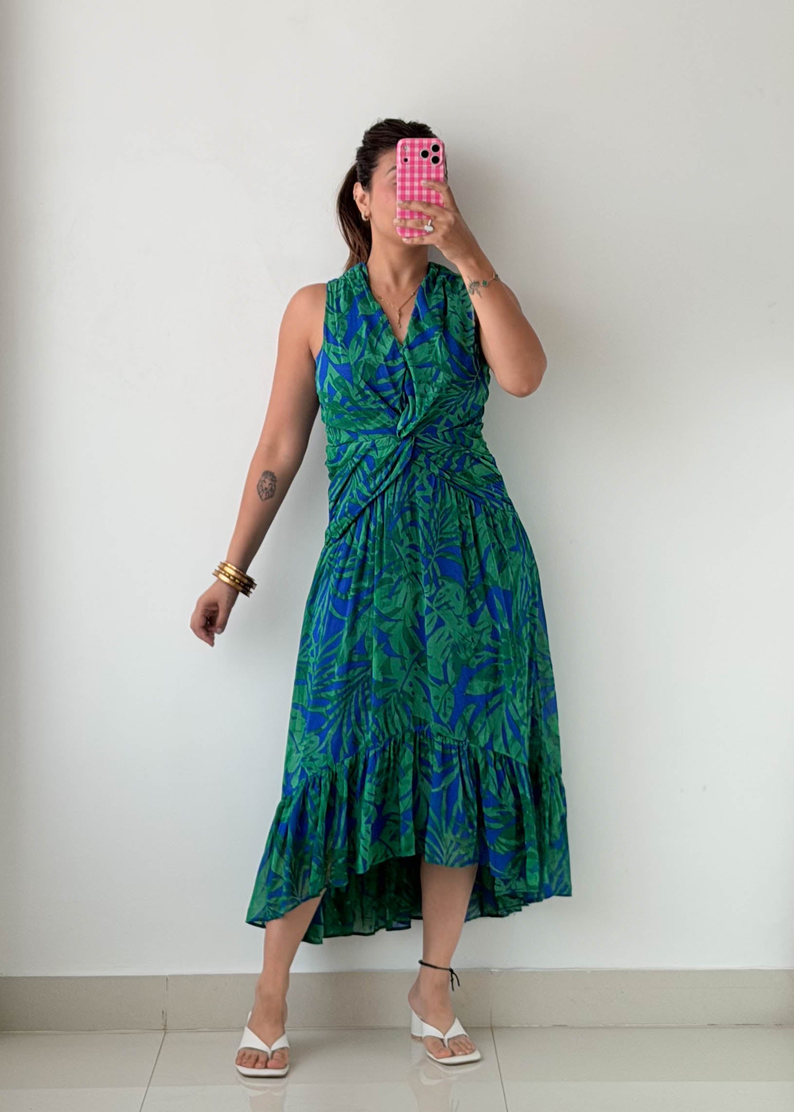 Size S-M Blue & Green Tropical Midi Dress