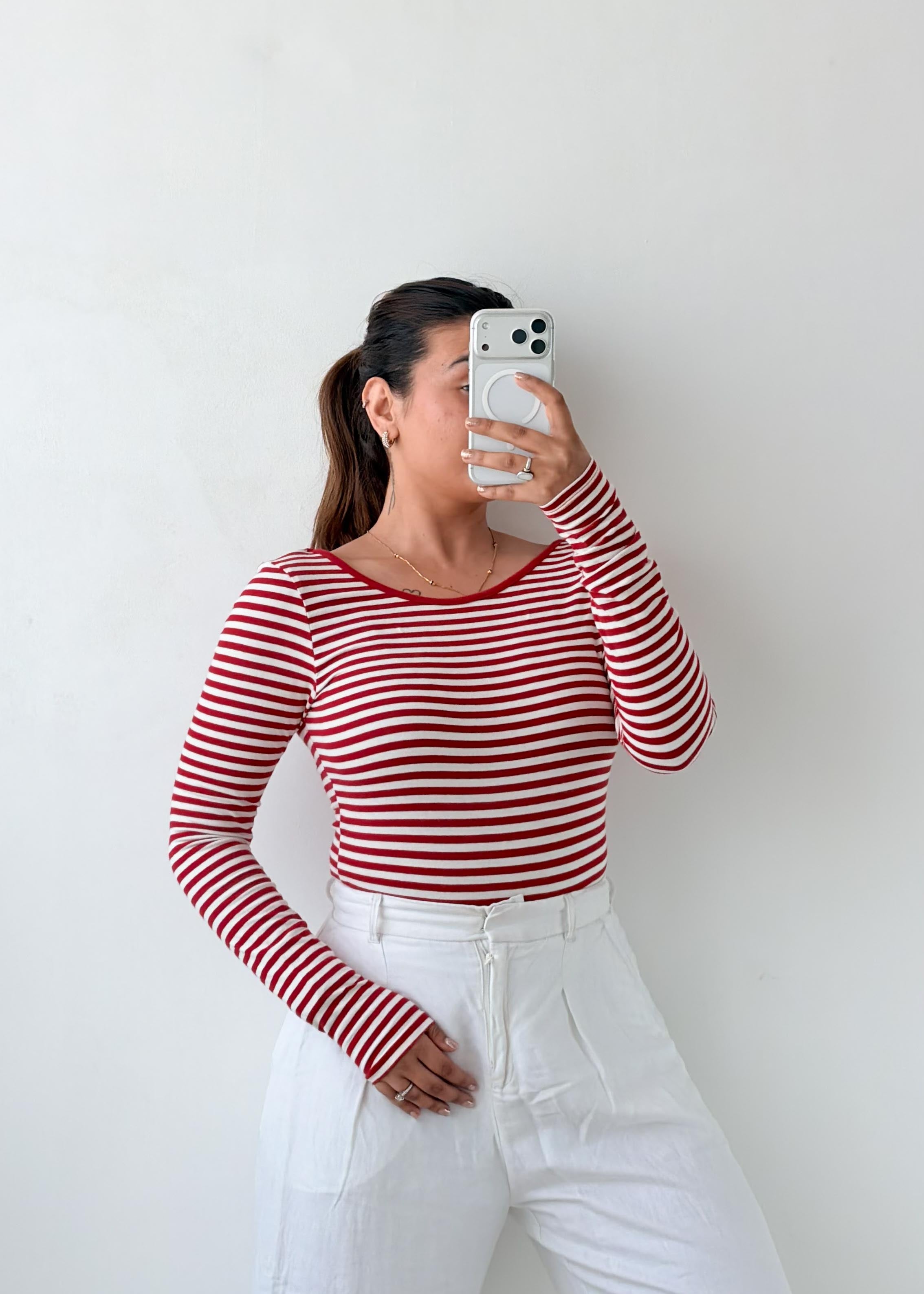 Size M-L Red Striped Long Sleeve Bodysuit
