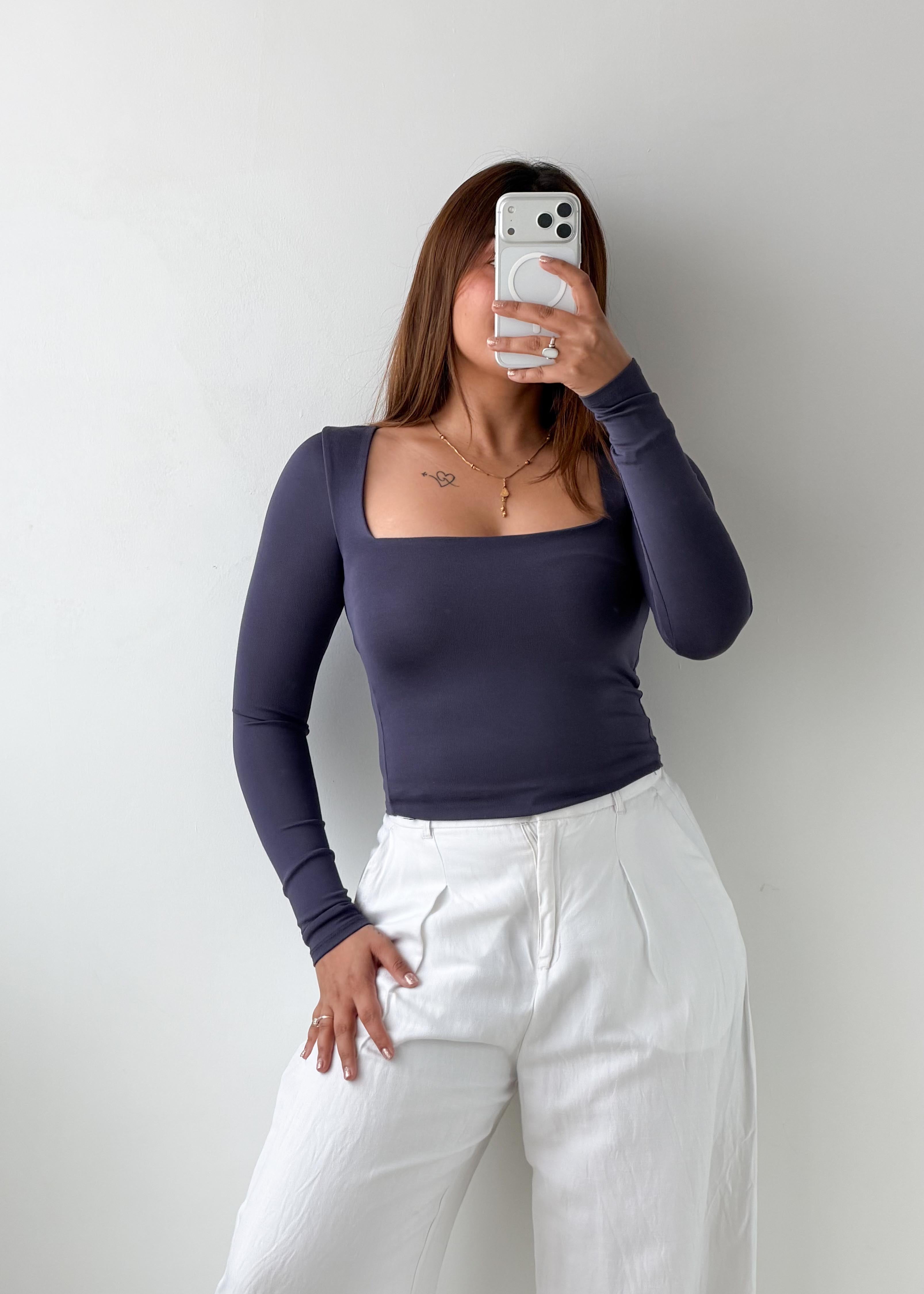 Size XS-S Slate Blue Square Neck Long Sleeve Top