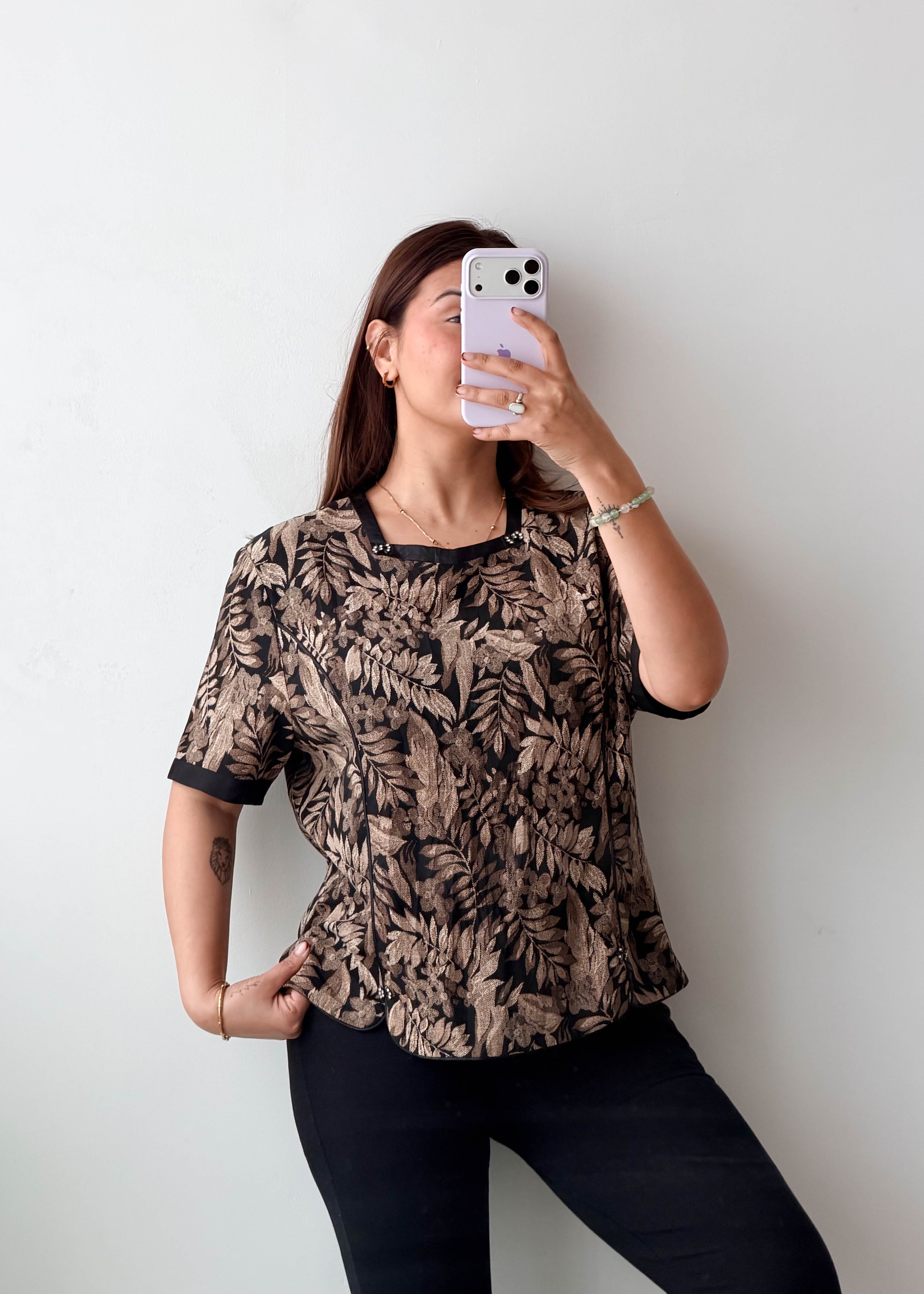 M-L Brown Leaf Printed Top