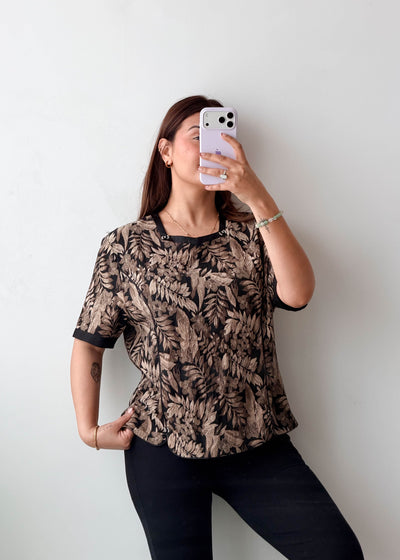 M-L Brown Leaf Printed Top