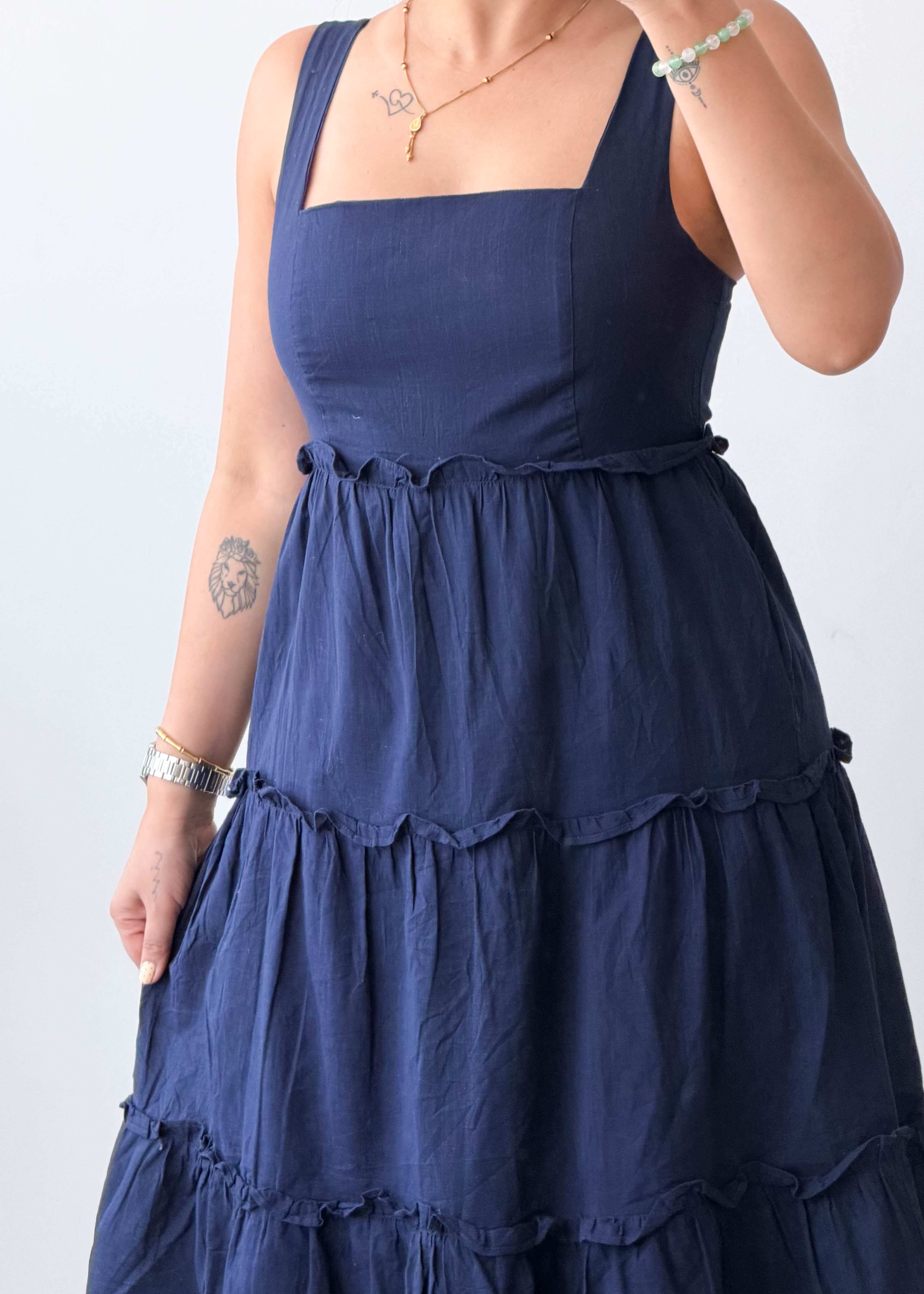 Size S Navy Blue Tiered Midi Dress