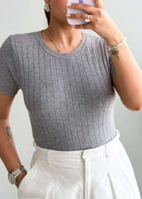 Size S-M, Grey Ribbed Half Sleeve Top - Closet by Payal
