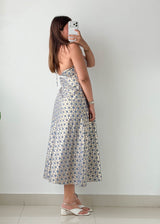 Size XS Cream Blue Printed Midi Dress