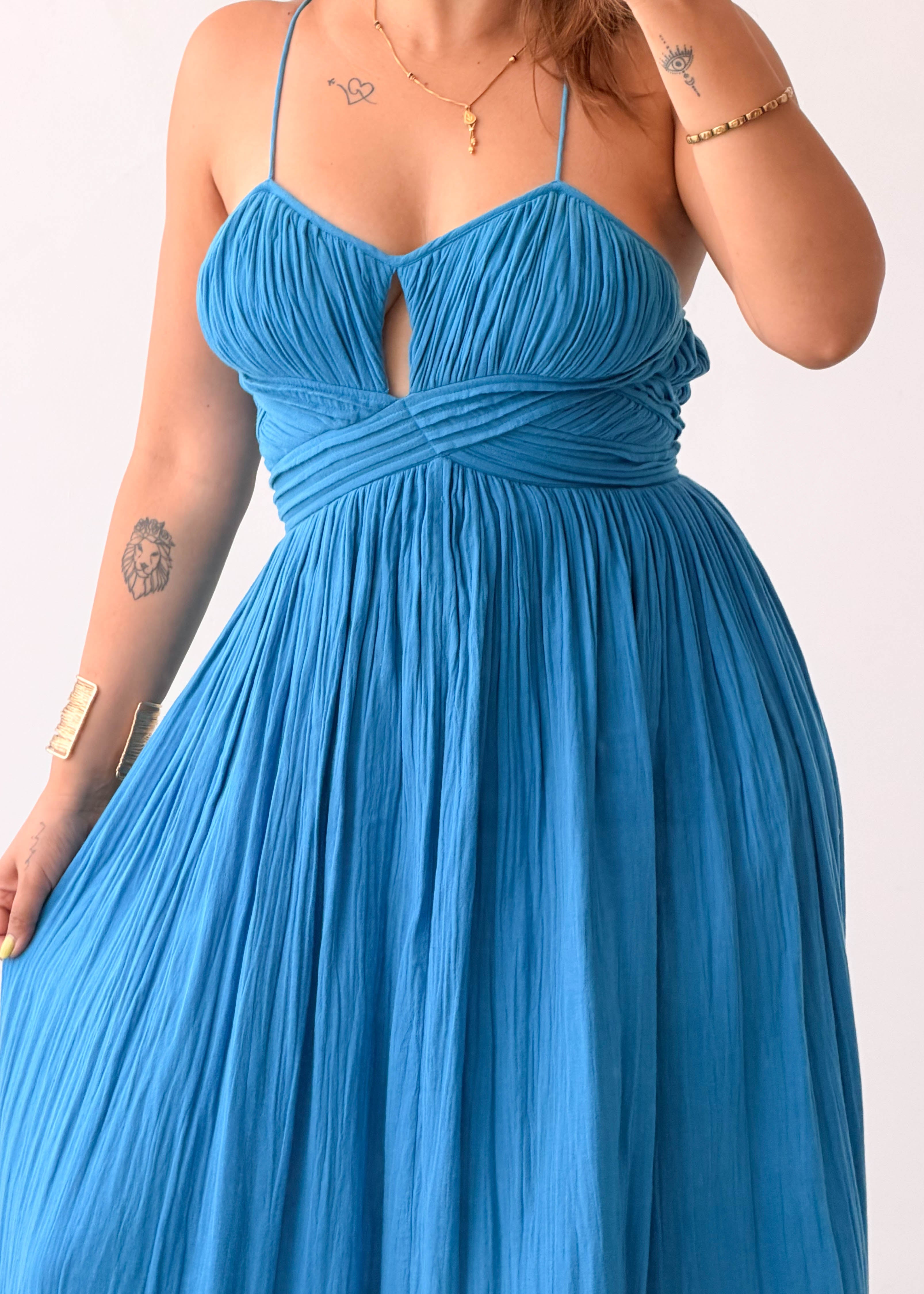 Size XS-S Blue Cut-Out Tiered Maxi Dress