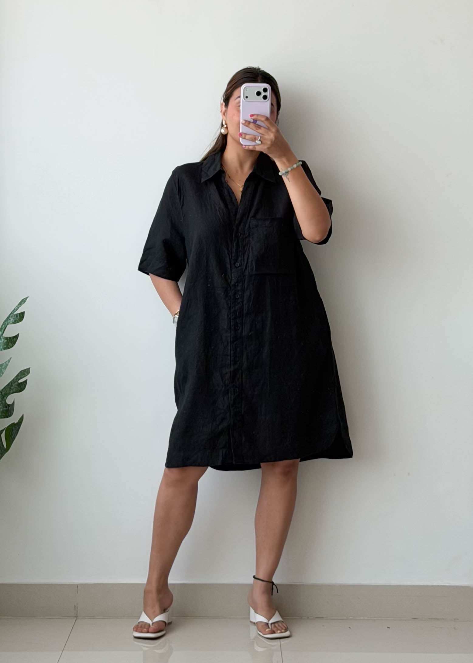 M-L Black Shirt Dress with Pockets