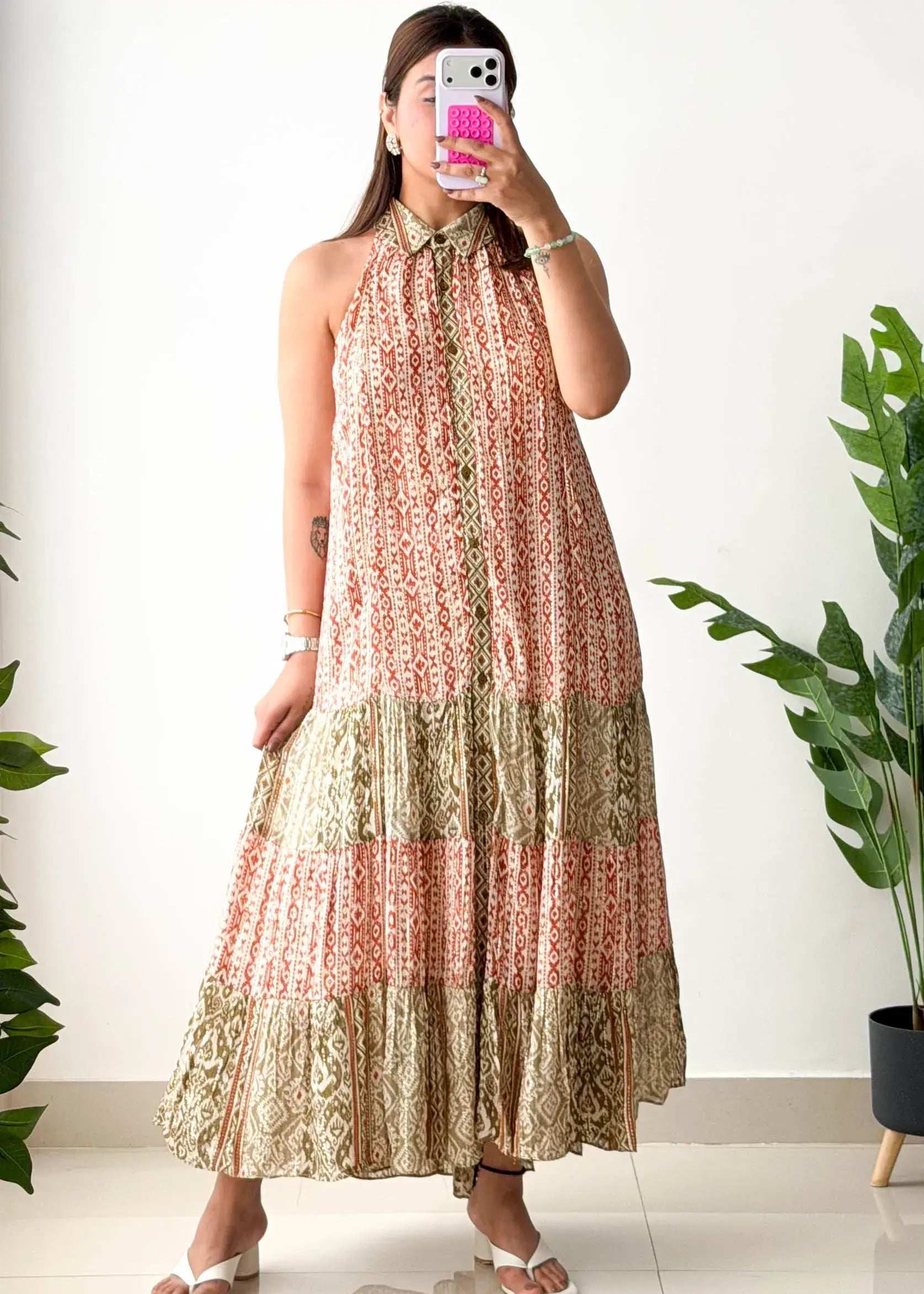 Size XS-M, Multicolor Tiered Halter Midi Dress