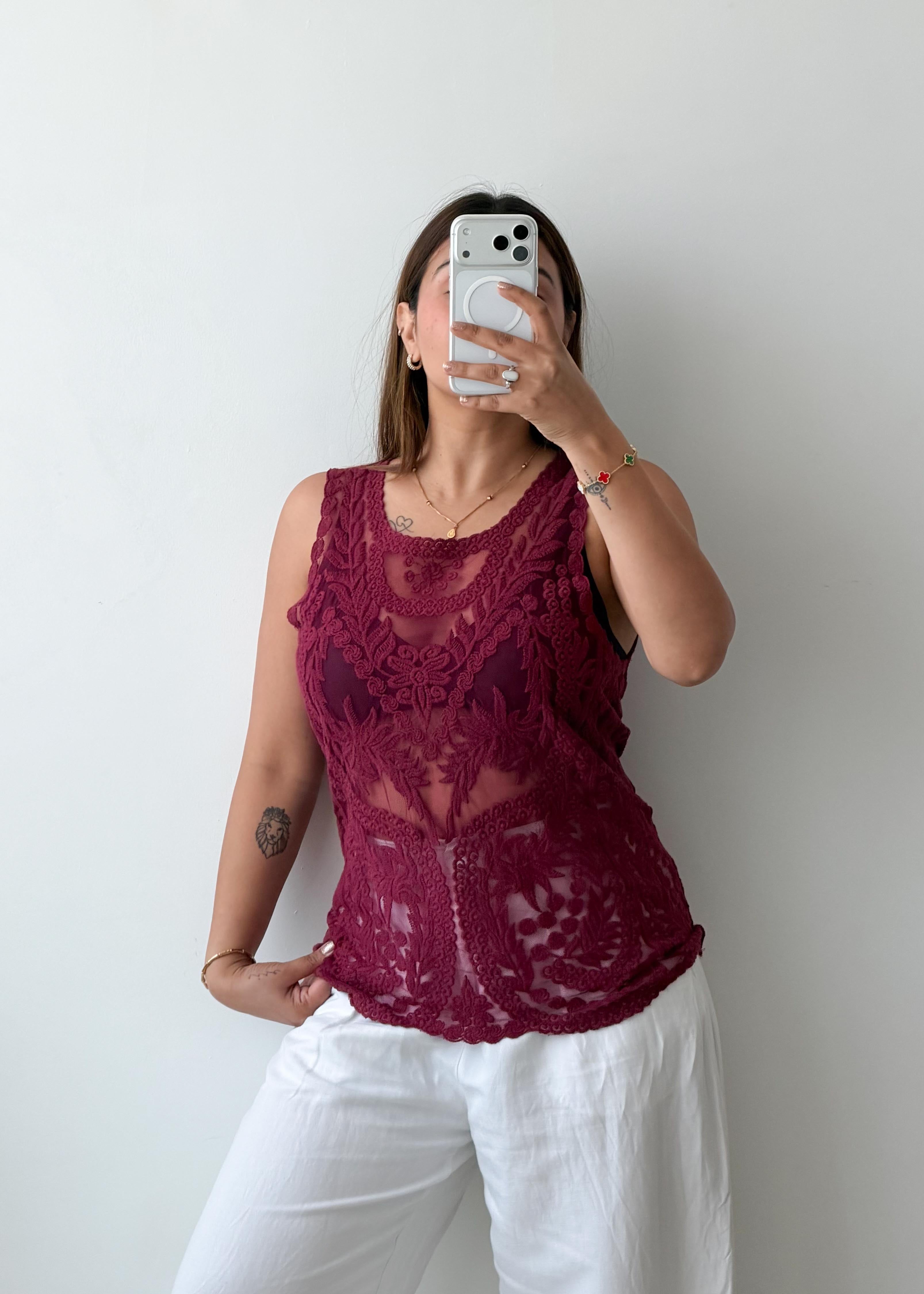 Size S-M Burgundy Lace Sheer Sleeveless Top
