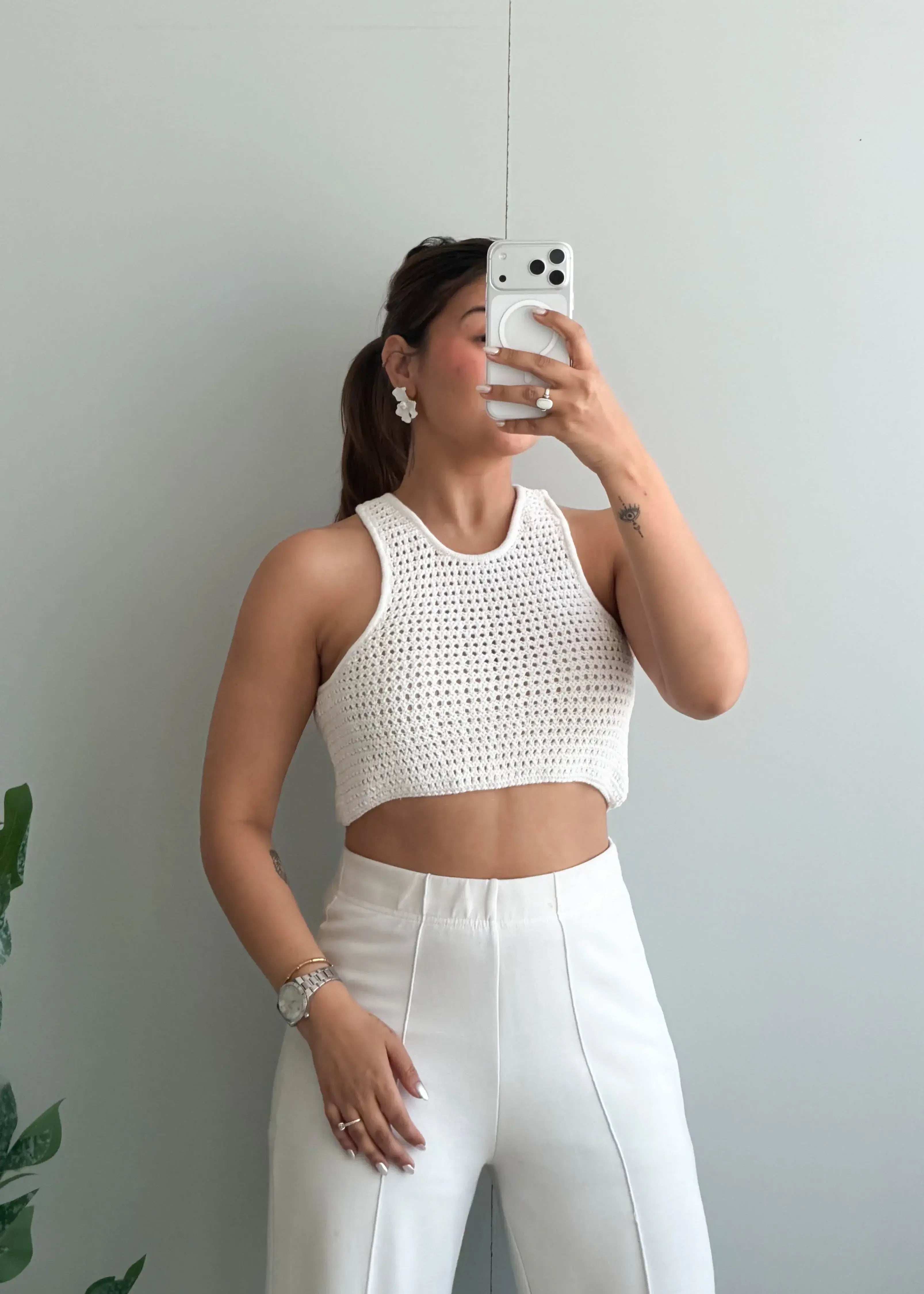 Size M-L, White Crochet Crop Top - Closet by Payal