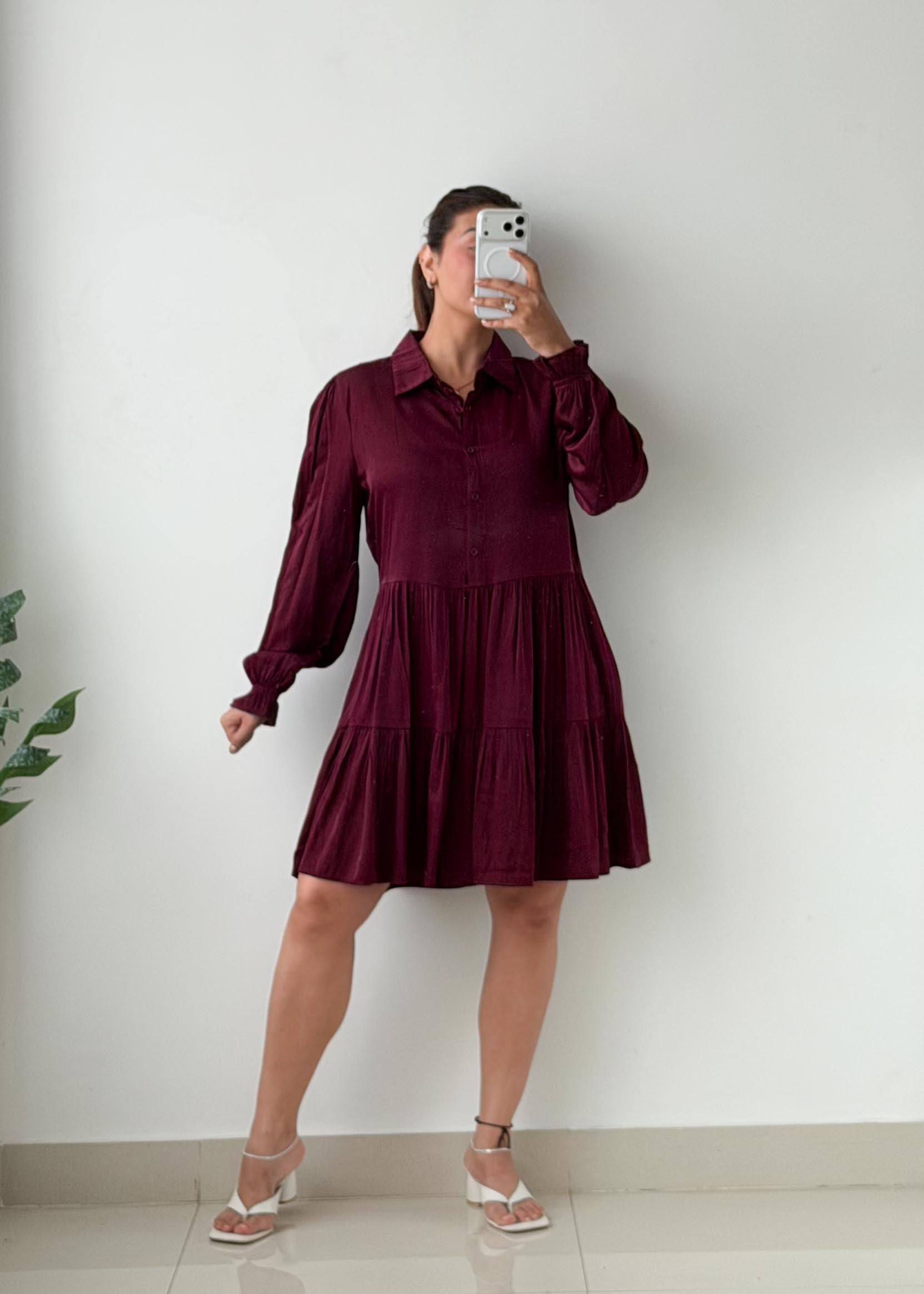 Size S-M Burgundy Tiered Shirt Mini Dress