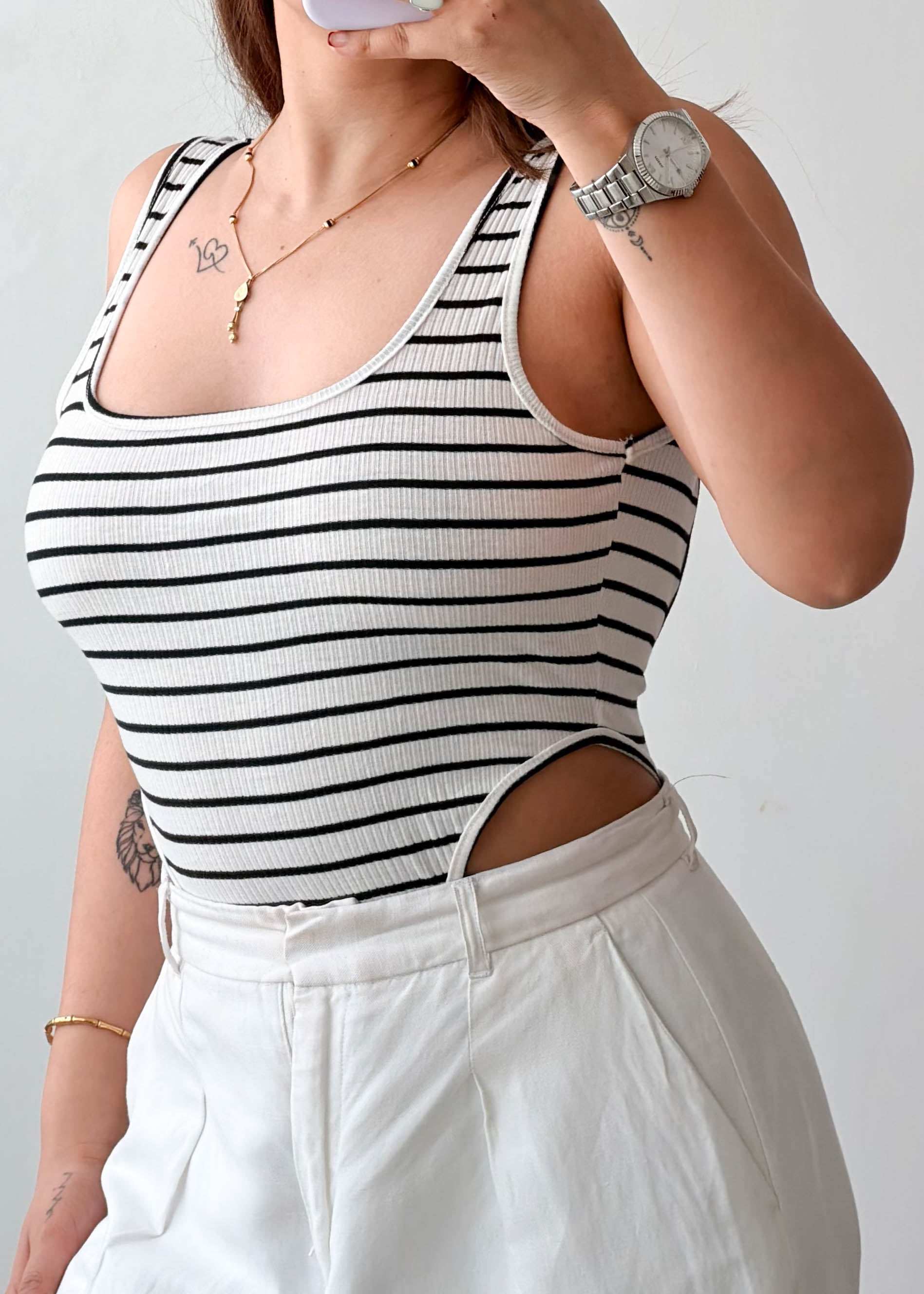 Size S-M Striped Open Back Bodysuit