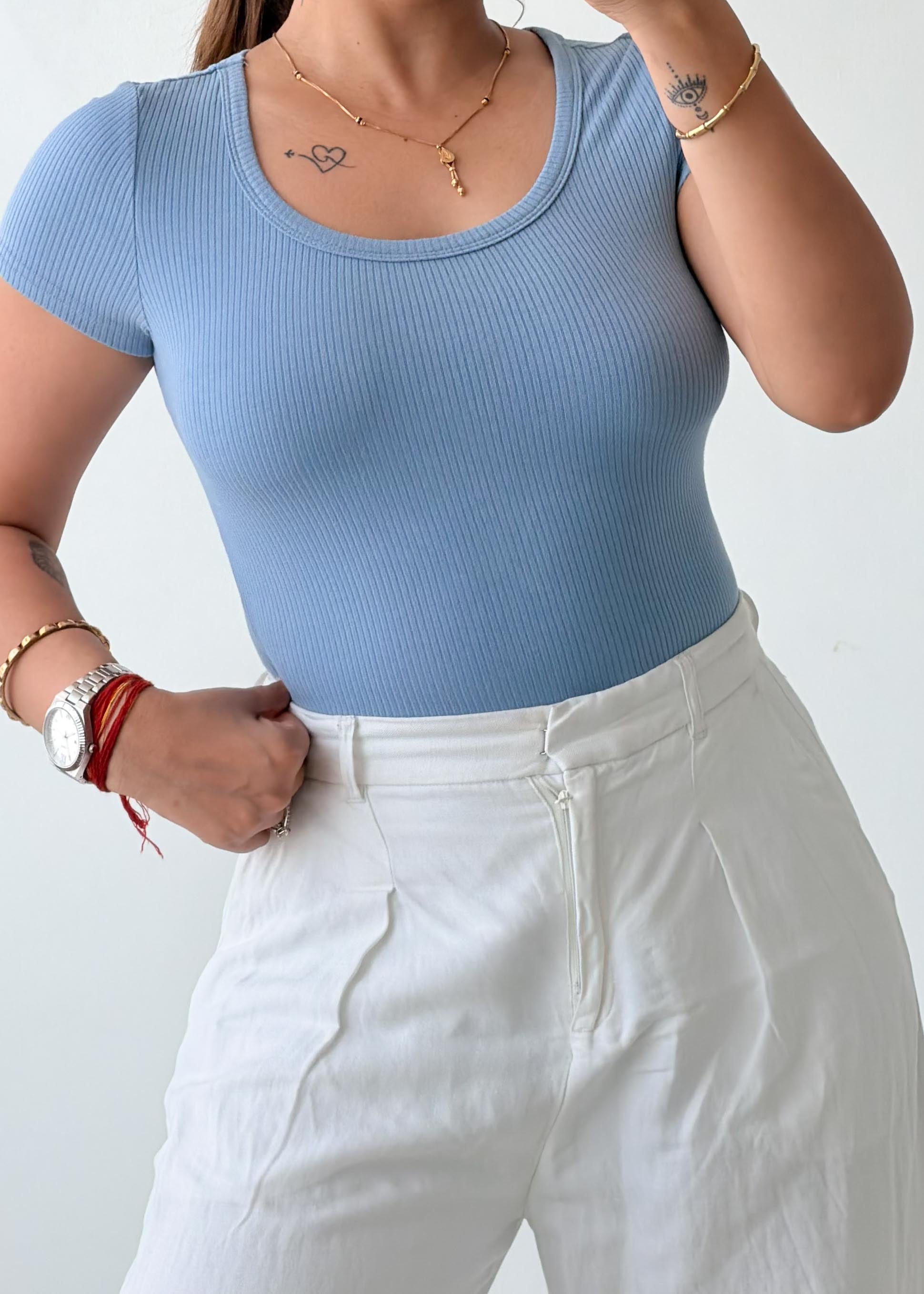 Size XS-S Sky Blue Ribbed Bodysuit