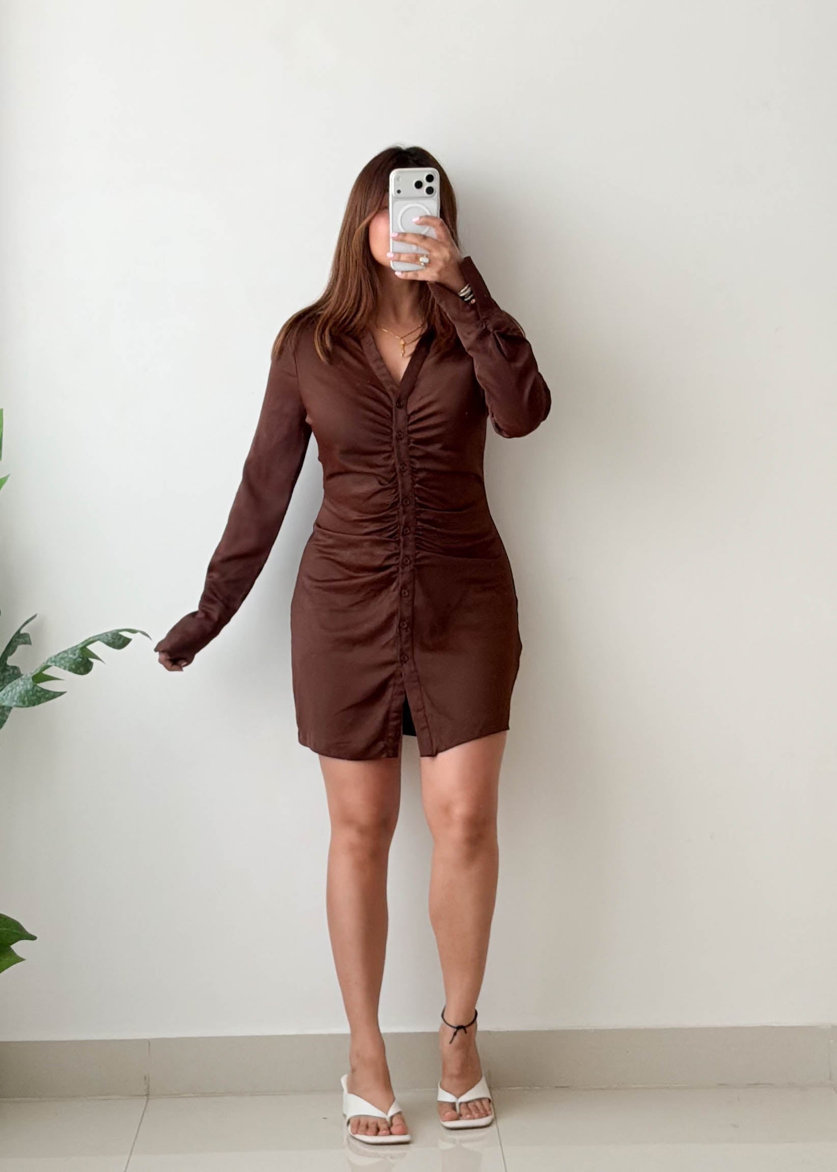 Size S-M Brown Ruched Shirt Mini Dress