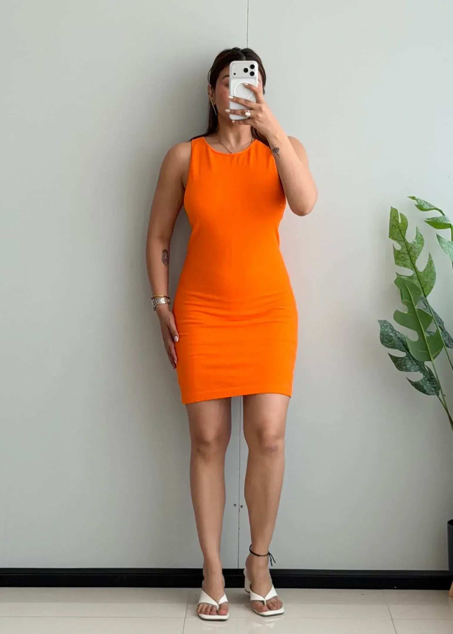 SIZE L, Bright Orange Sleeveless Bodycon Mini Dress - Closet by Payal