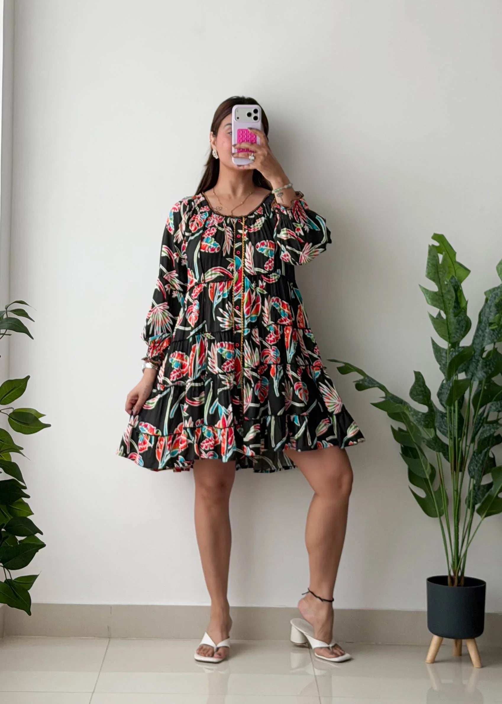 Size L-XL, Boho Floral Tiered Mini Dress