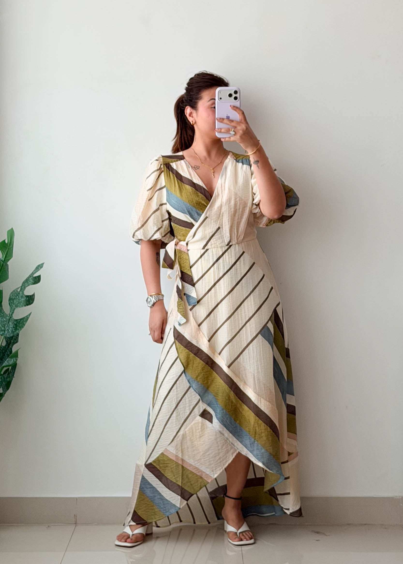 Size M-XL Striped Wrap Maxi Dress