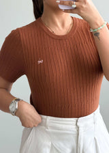 Size M-L, Brown Ribbed Half Sleeve Top - Closet by Payal
