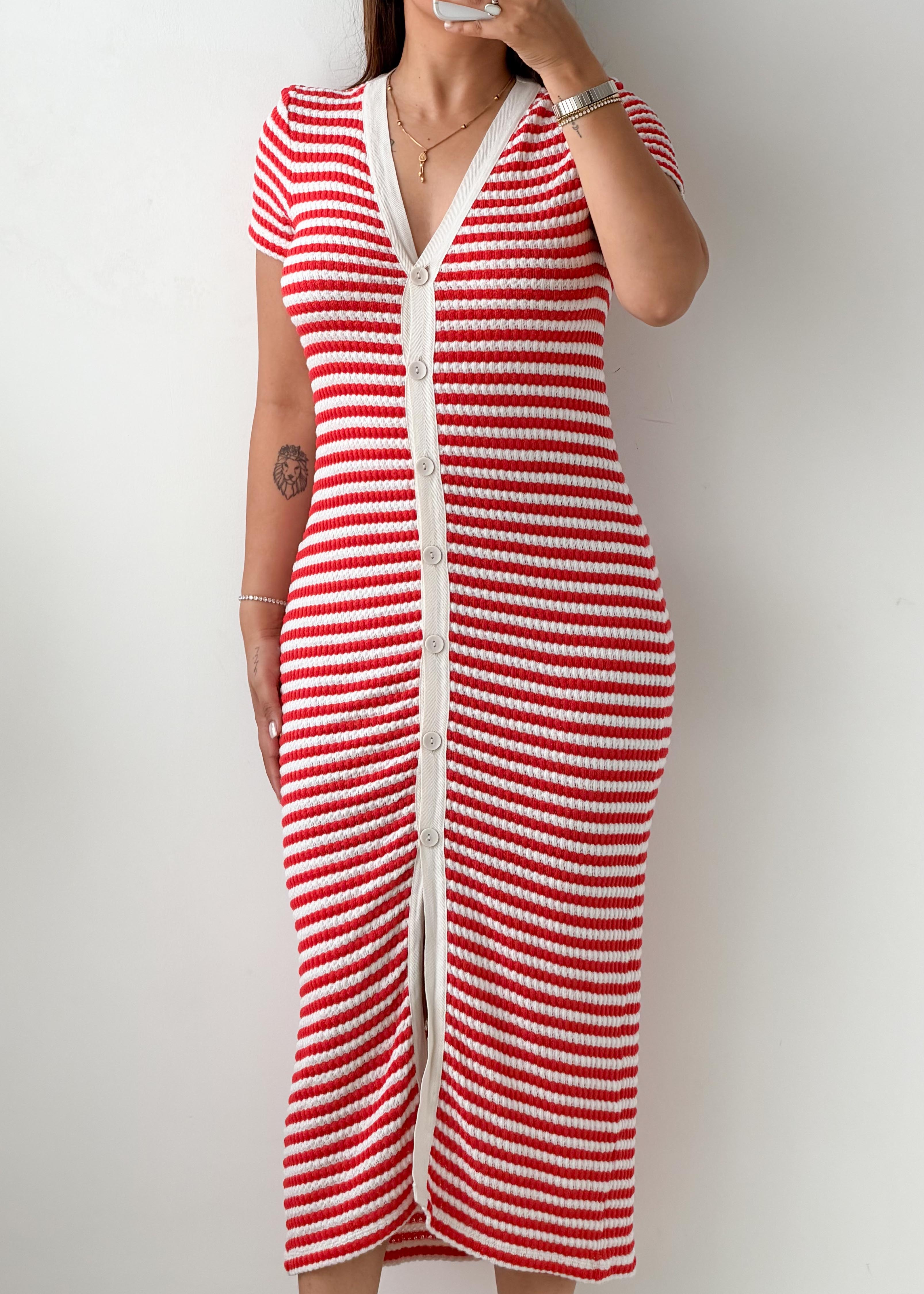 Size S-M Red & White Striped Ribbed Midi Dress