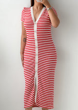 Size S-M Red & White Striped Ribbed Midi Dress