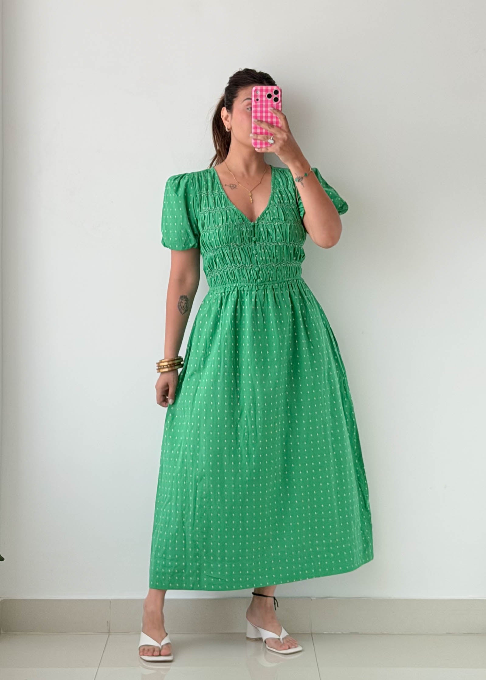 Size M-L Green Swiss Dot Midi Dress