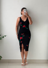 Size S-M Black Floral Embroidered Knit Midi Dress