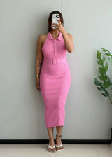 SIZE XS-S, Pink Belted Ribbed Midi Dress - Closet by Payal