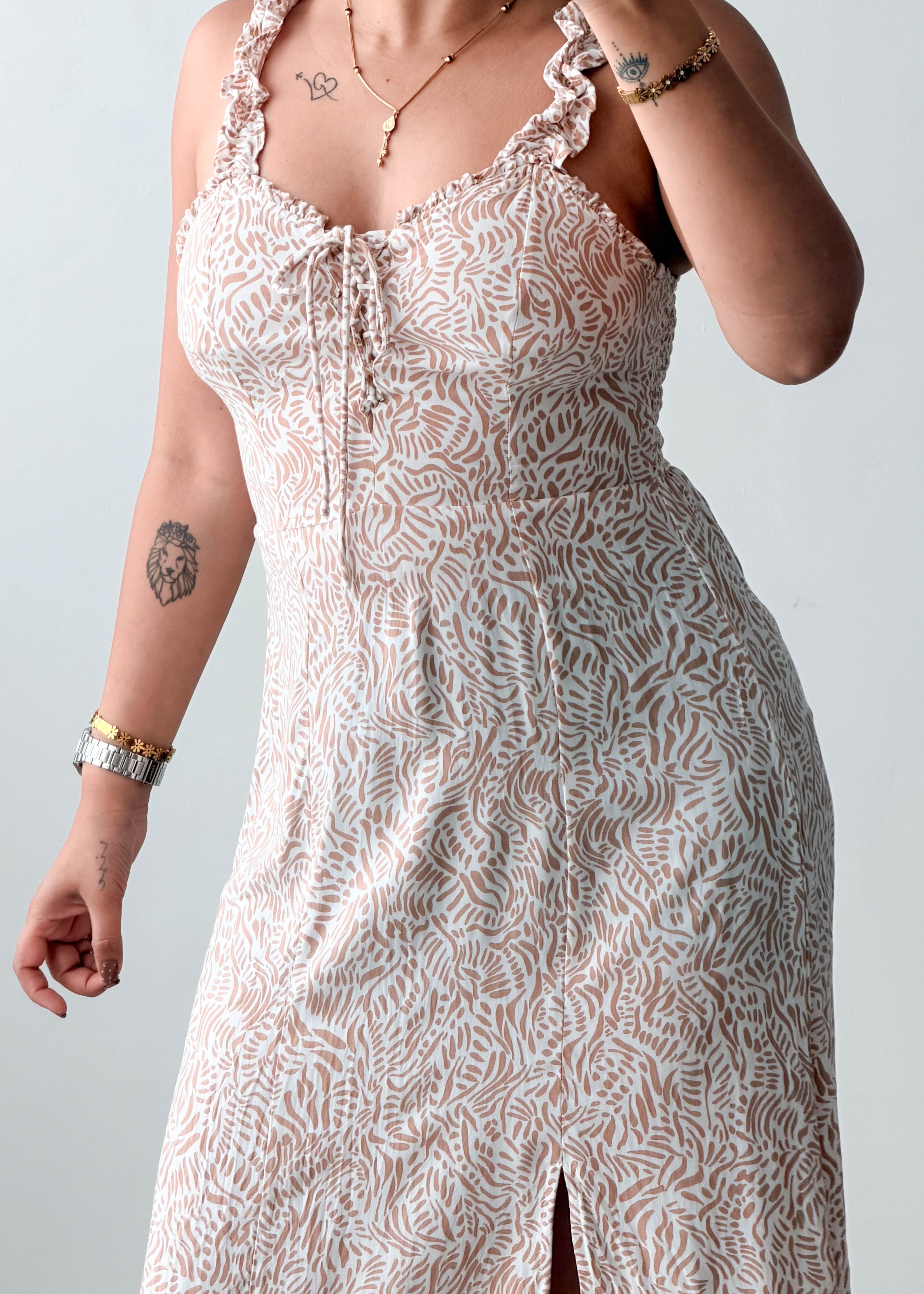 Size XS-S Beige Floral Lace-Up Midi Dress