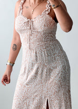 Size XS-S Beige Floral Lace-Up Midi Dress