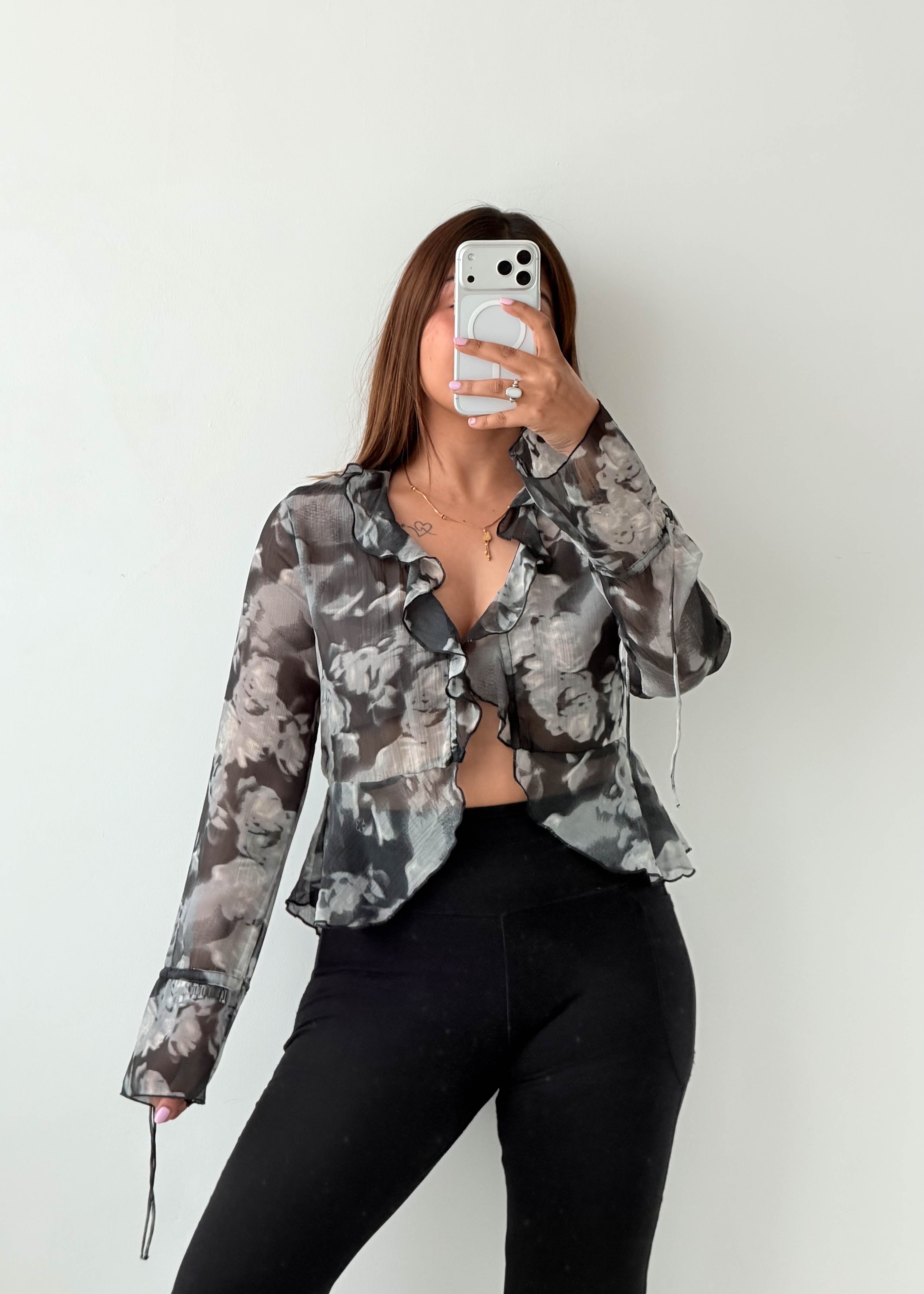 Size XS-S Grey Floral Ruffle Sheer Blouse