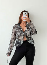 Size XS-S Grey Floral Ruffle Sheer Blouse