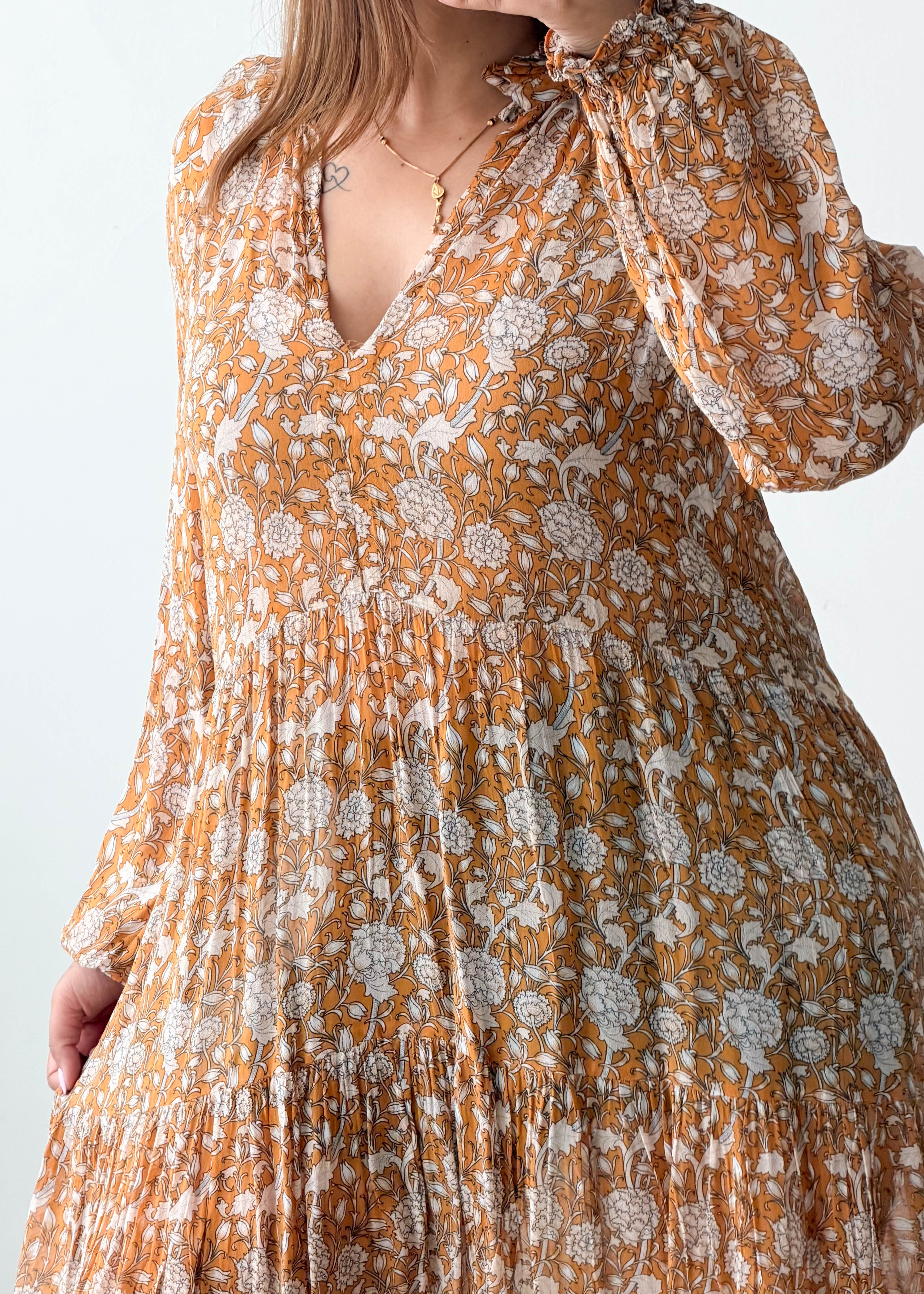 Size M-L Mustard Floral Pleated Mini Dress