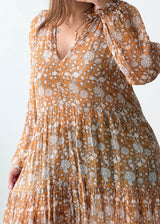 Size M-L Mustard Floral Pleated Mini Dress