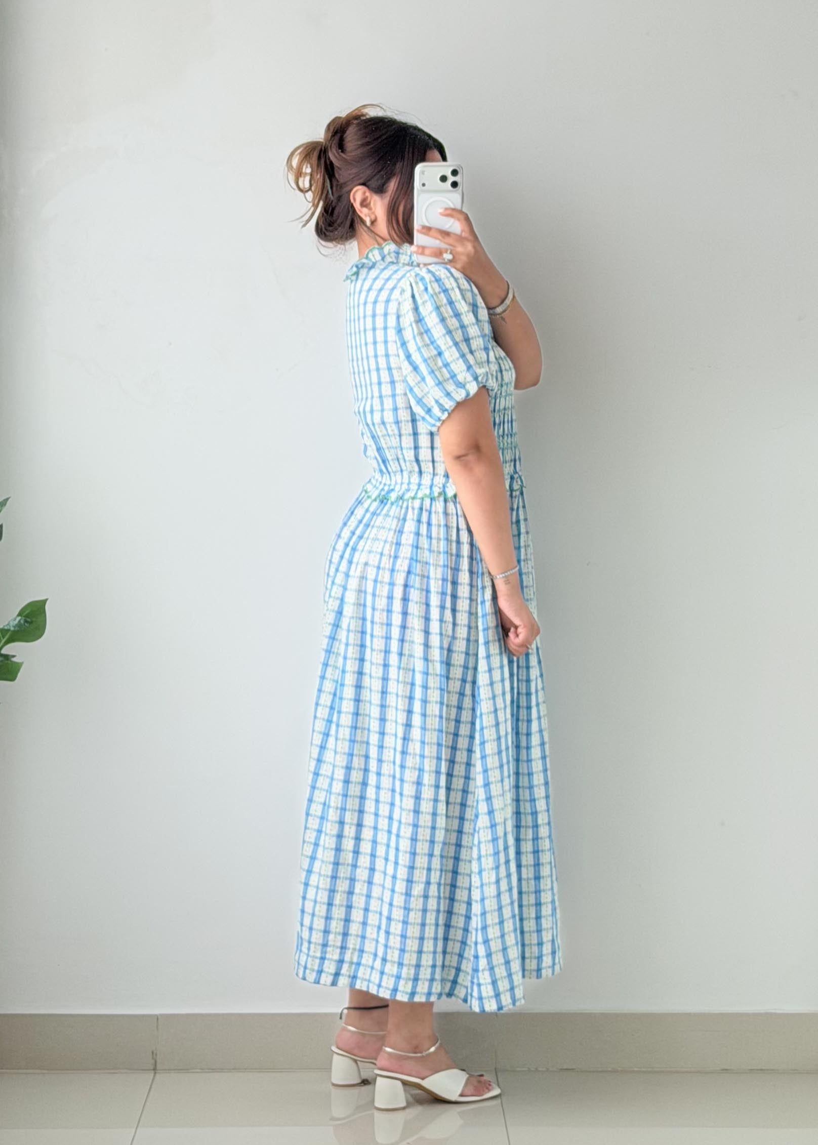 Size M-L/ XL-2XL Blue Checkered Midi Dress