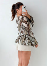 Size S-M Brown Abstract Peplum Top