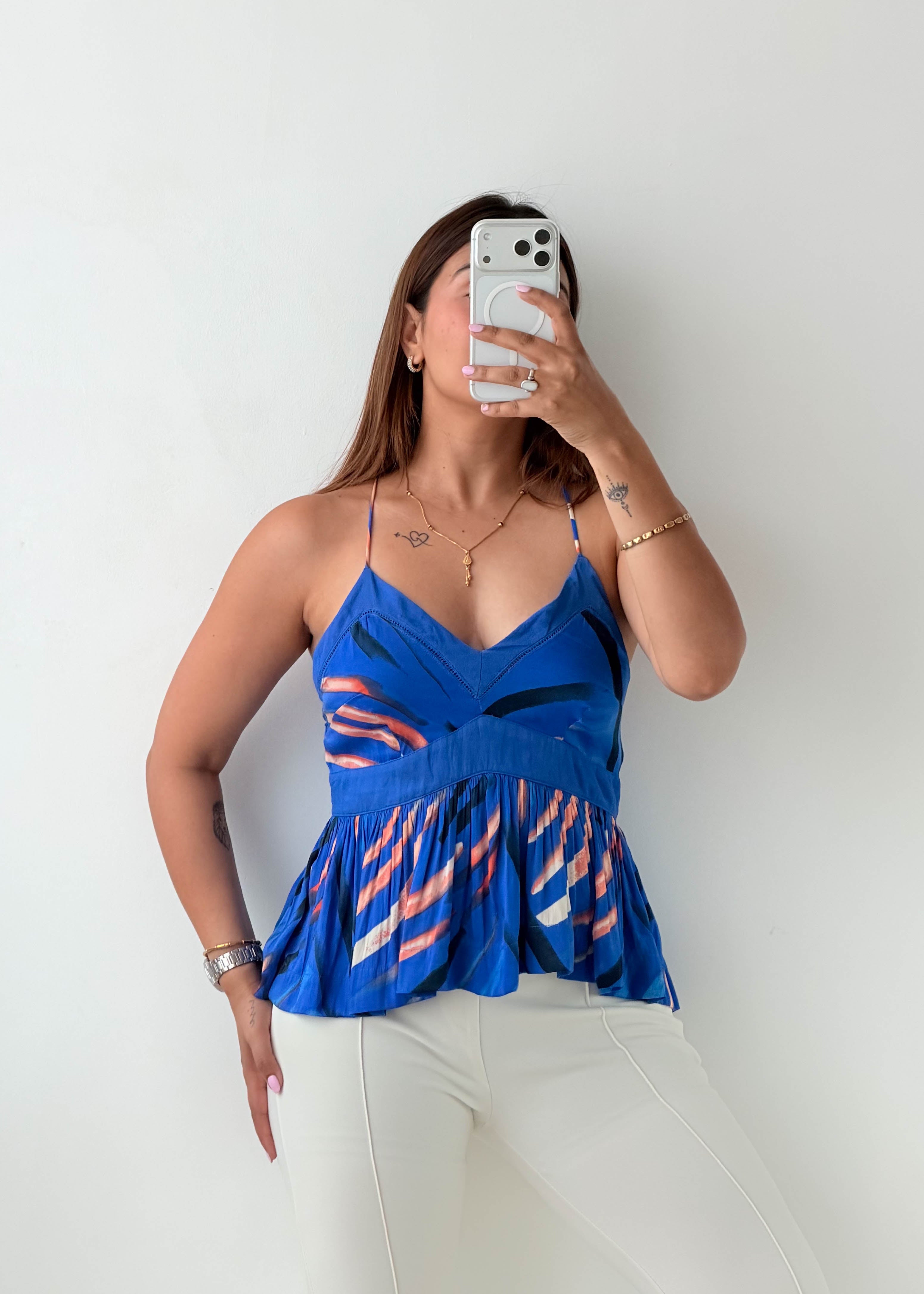 Size S-M Blue Abstract Peplum Cami Top