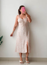 Size XS-S Beige Floral Lace-Up Midi Dress