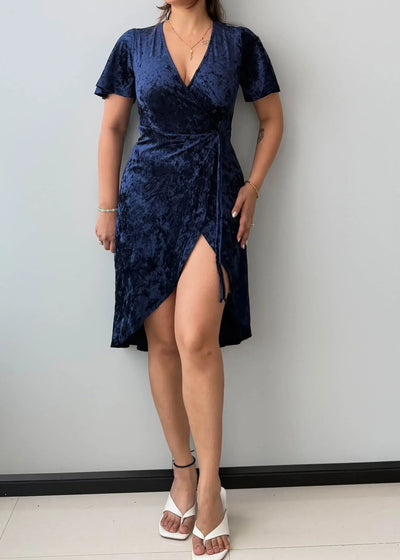 Size XS-S, Navy Velvet Wrap Midi Dress - Closet by Payal