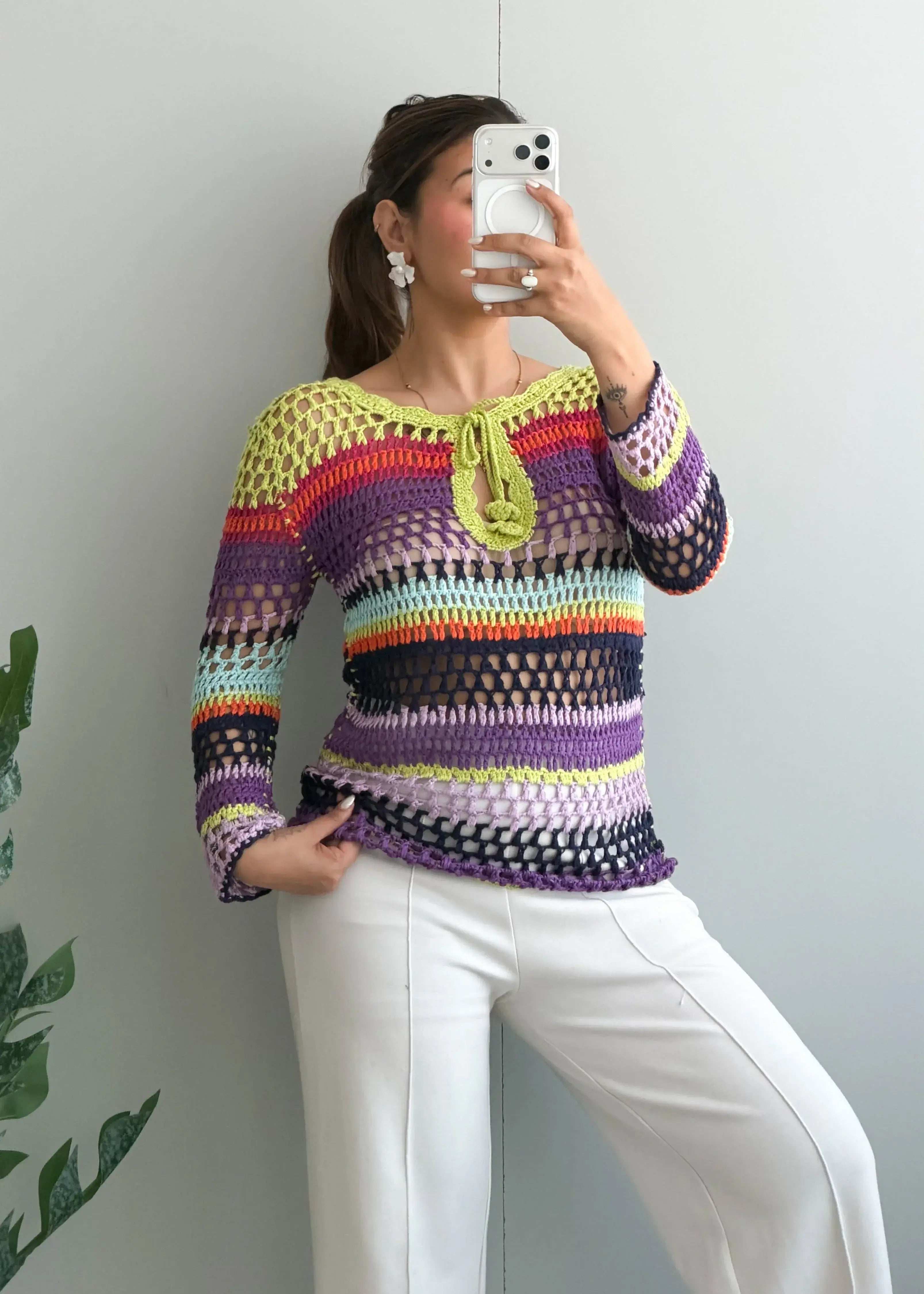Size S-M, Multi-Color Crochet Stripe Top - Closet by Payal