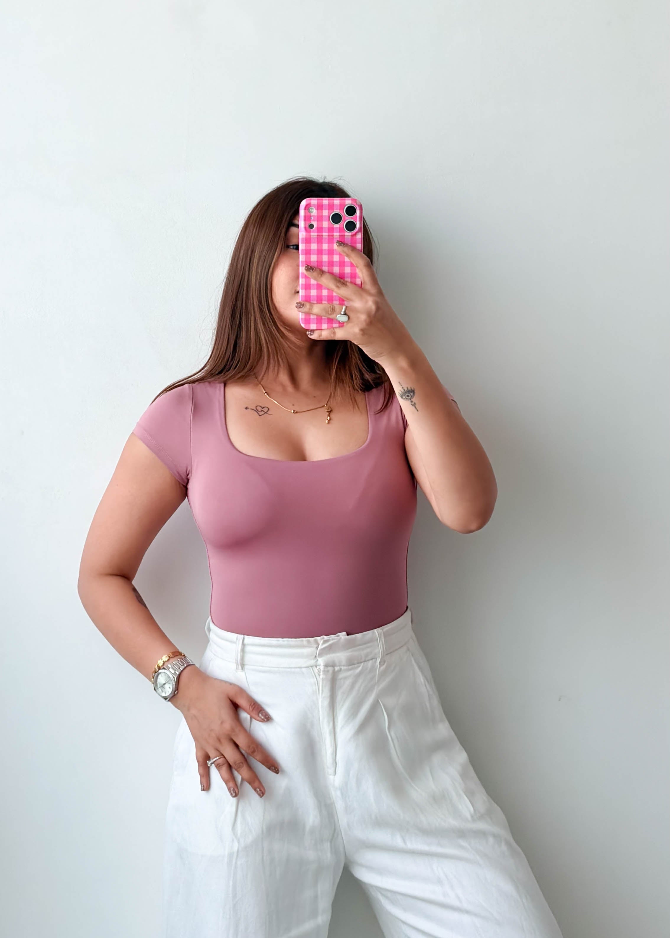 Size XS-S Dusty Rose Square Neck Bodysuit