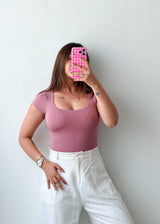 Size XS-S Dusty Rose Square Neck Bodysuit