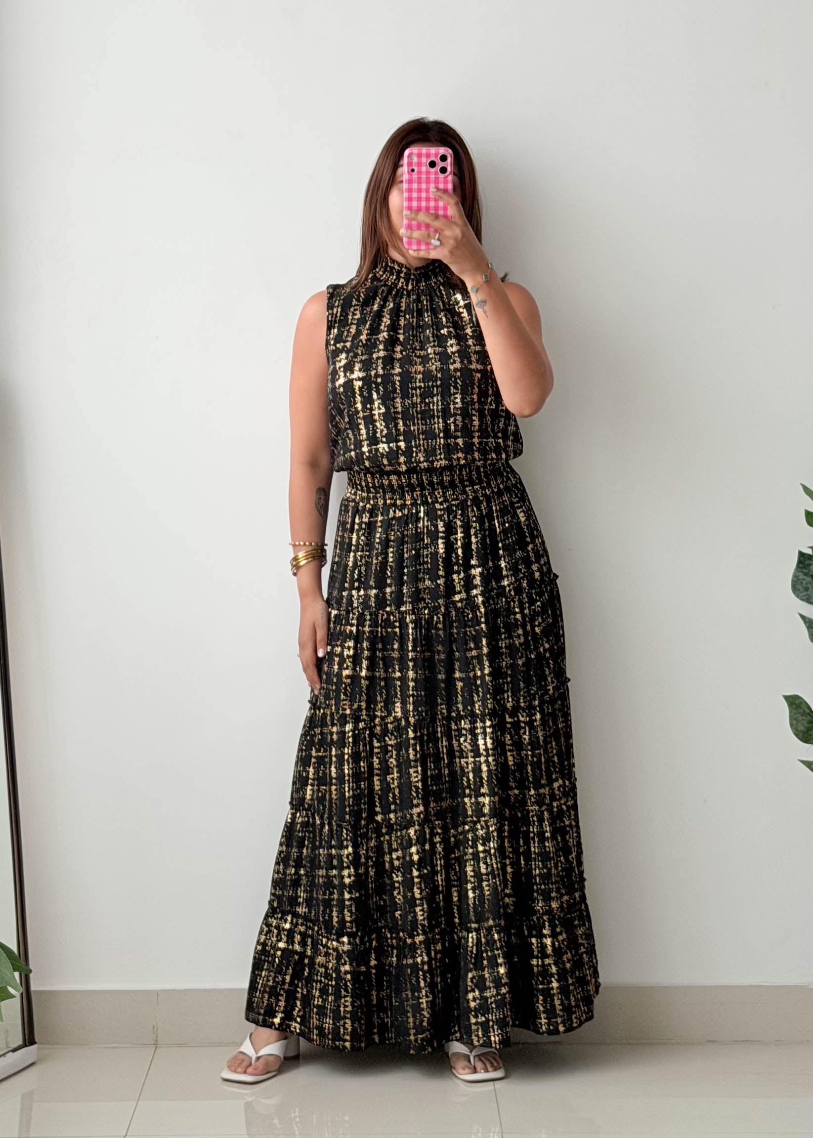 Size M-L Black & Gold Printed Maxi Dress