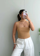 Size XS-S, Beige Square Neck Ribbed Top - Closet by Payal