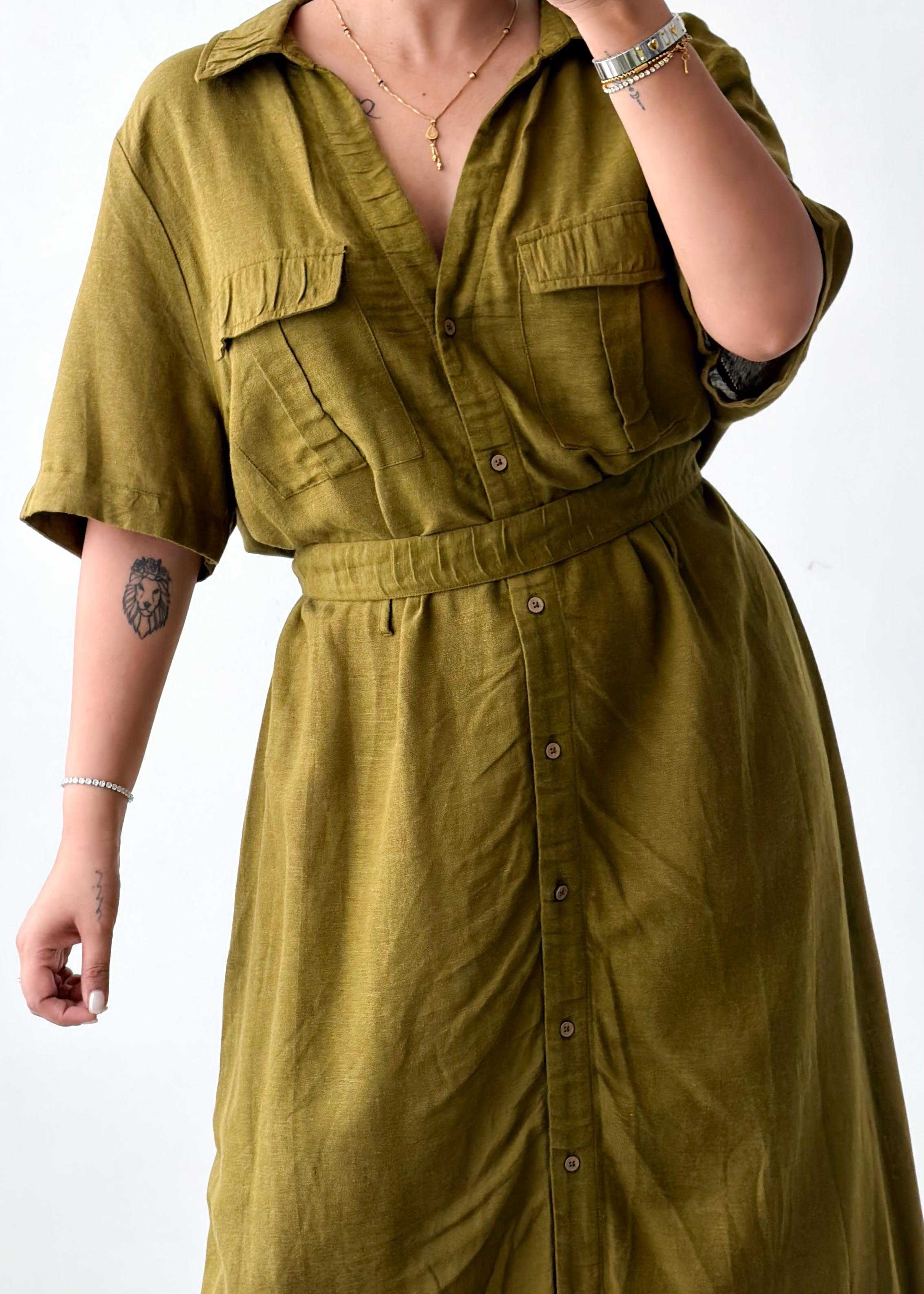 Size L-XL Olive Green Shirt Maxi Dress