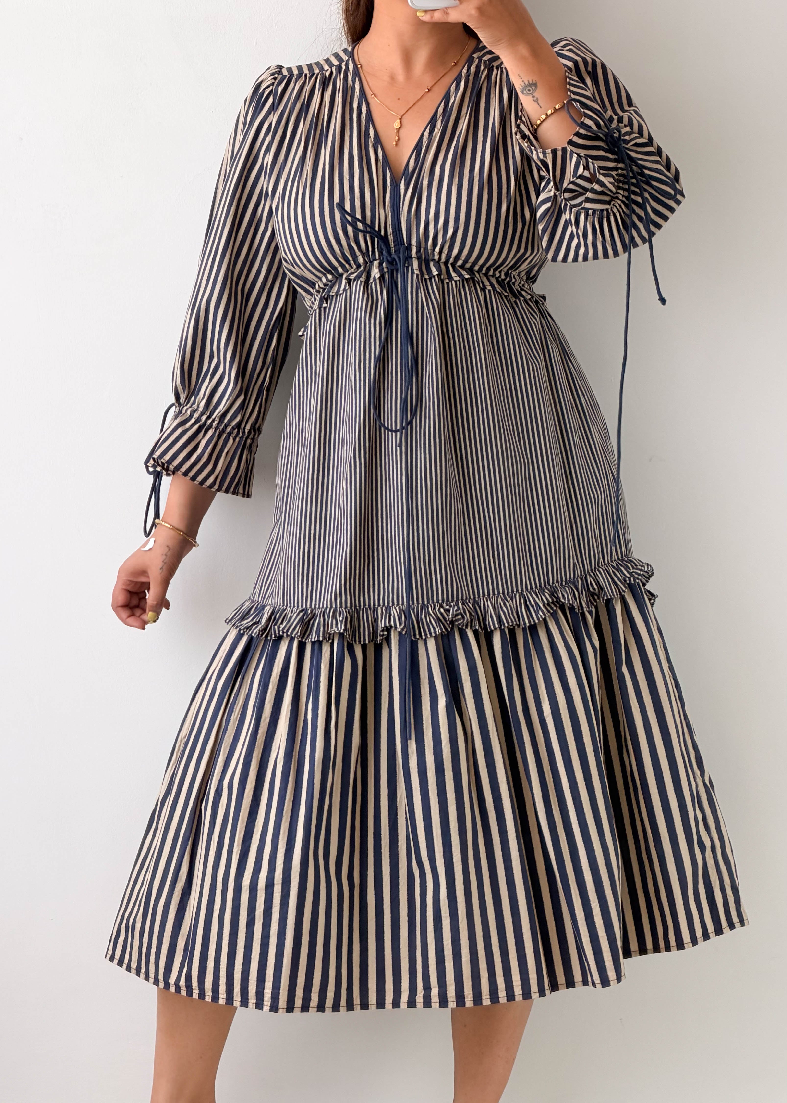 Size S-M Navy Striped Tie-Waist Midi Dress