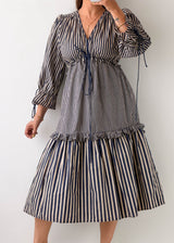Size S-M Navy Striped Tie-Waist Midi Dress