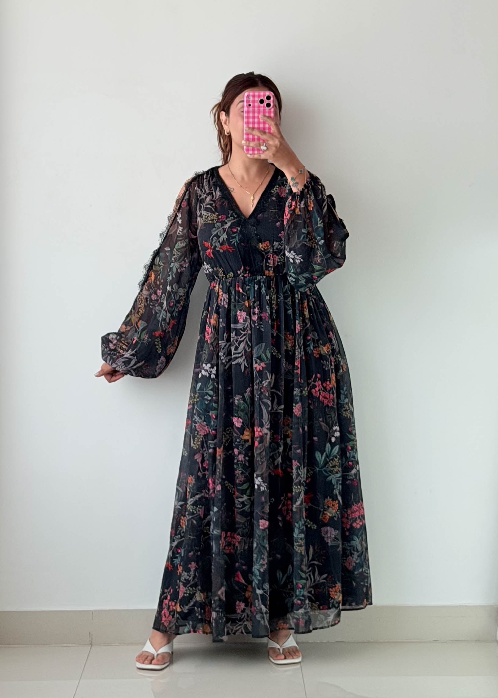 Size M-L Black Floral Sheer Maxi Dress
