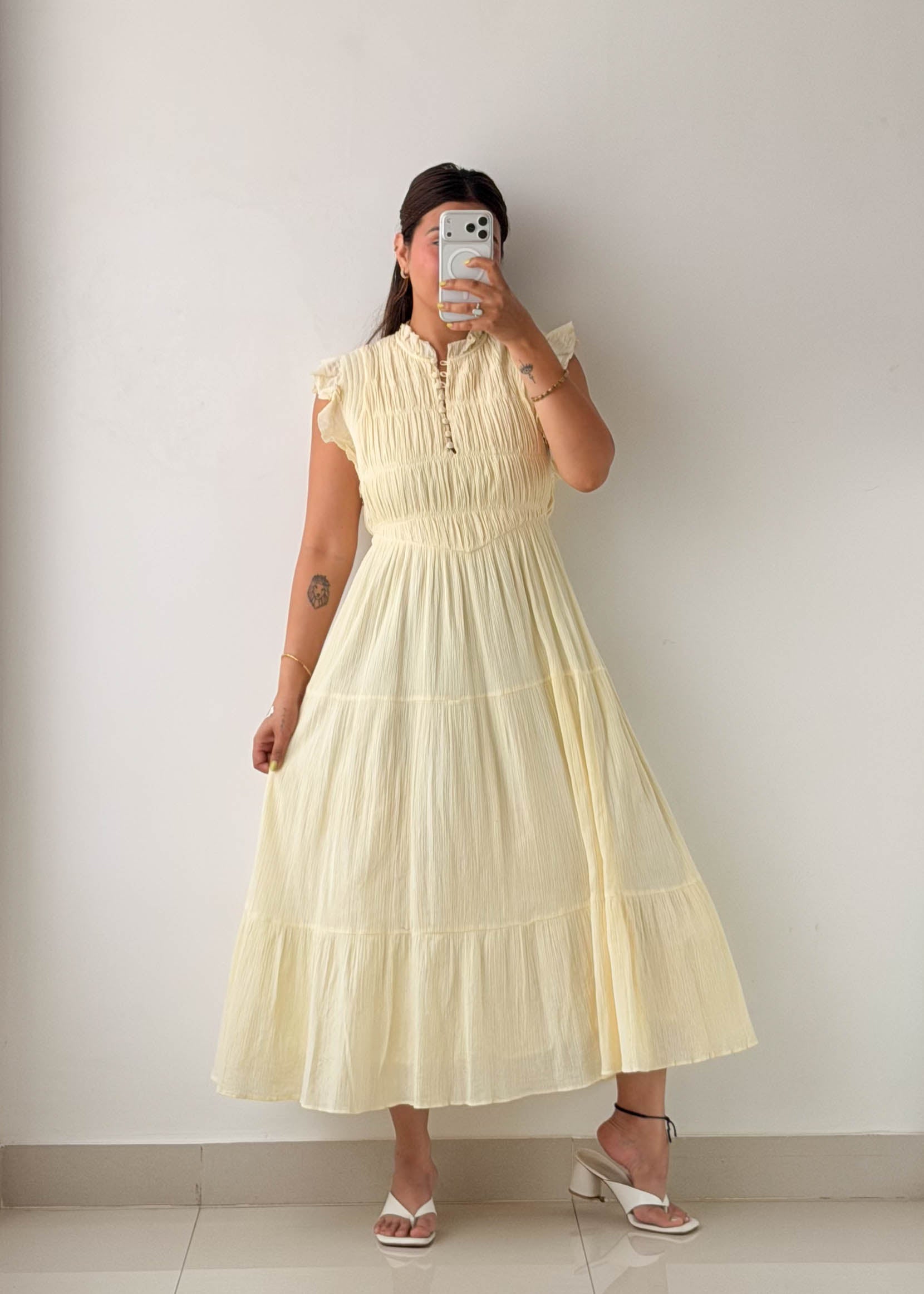 Size S-M Cream Smocked Tiered Midi Dress