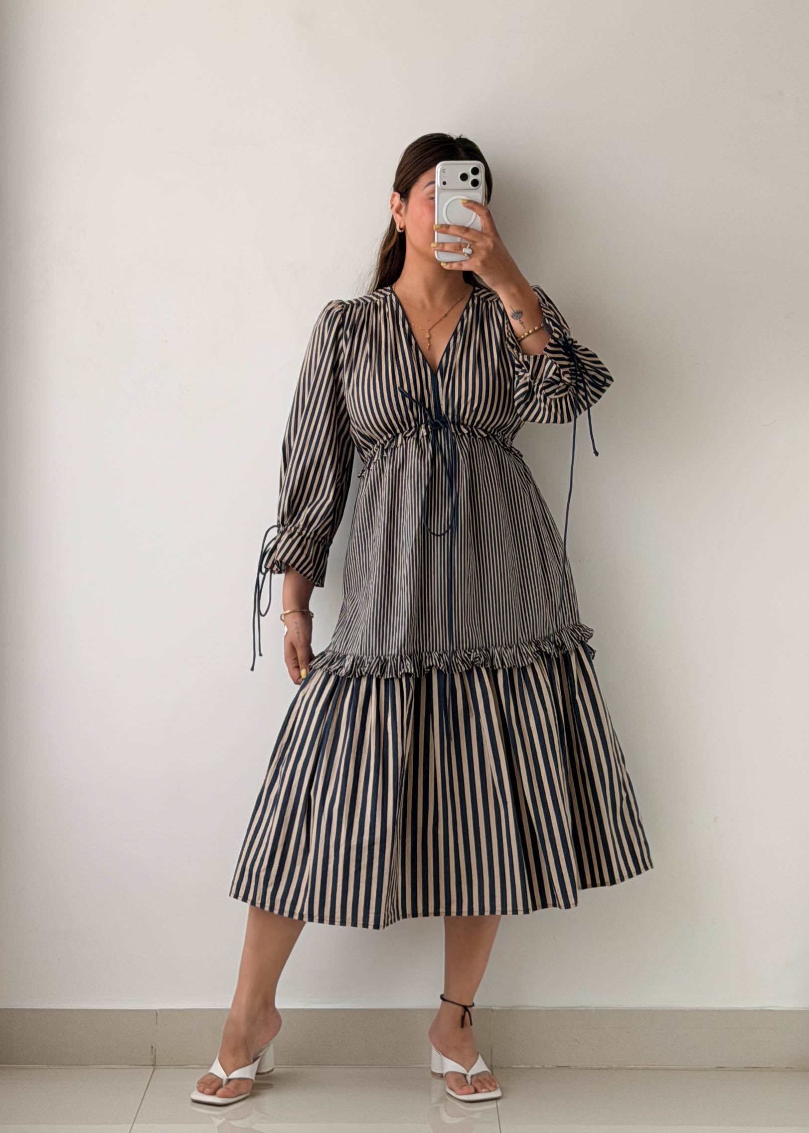 Size S-M Navy Striped Tie-Waist Midi Dress