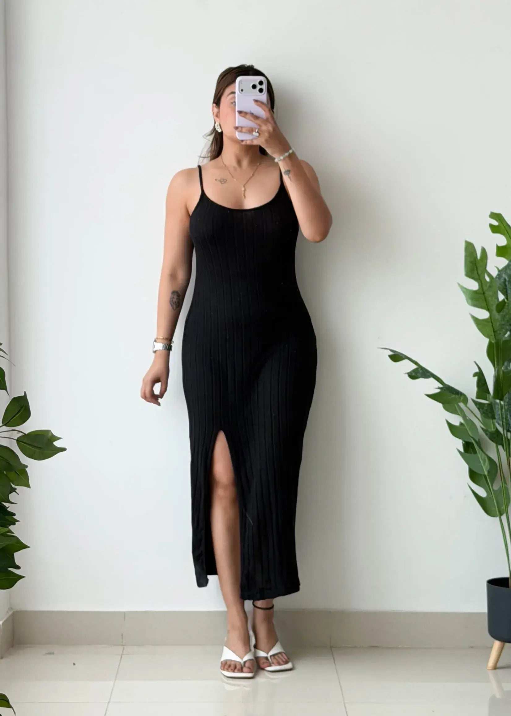 Size M-L, Black Spaghetti Strap Ribbed Midi Dress - Closet by Payal